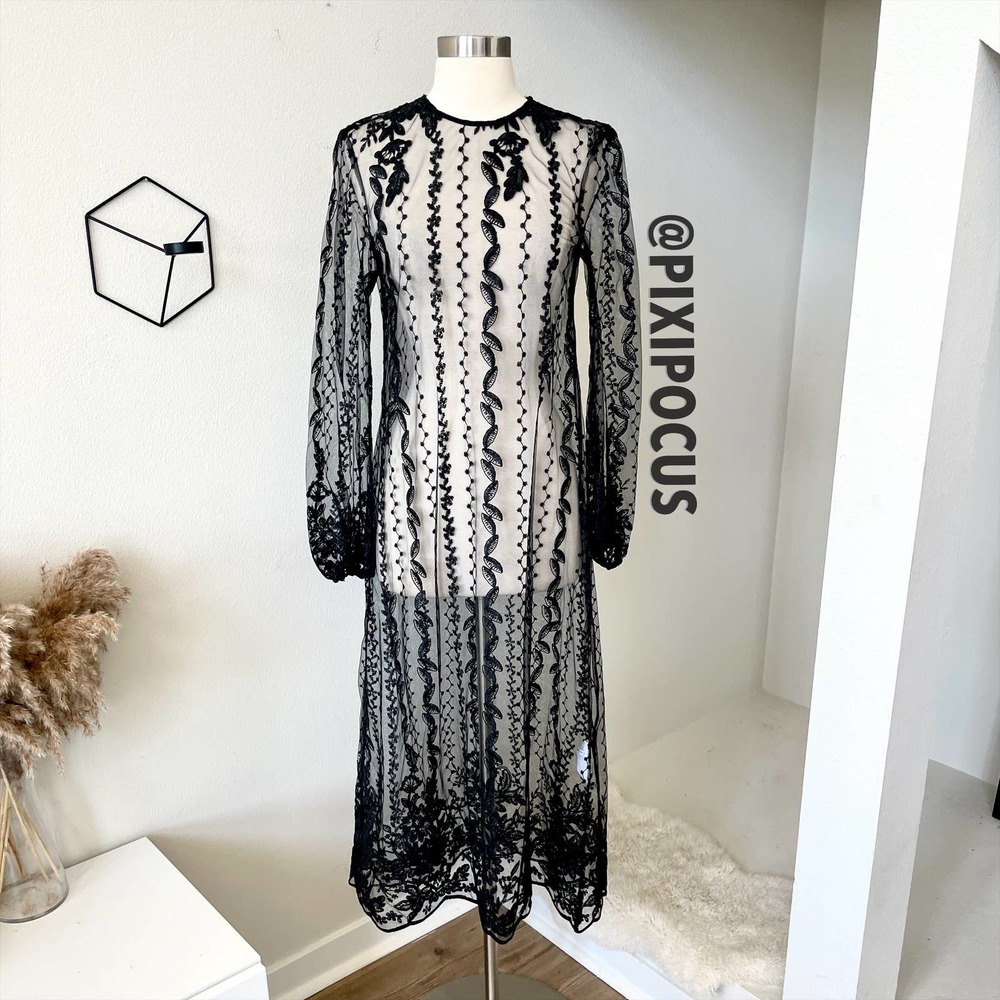 ZARA EMBROIDERED SEMI-SHEER DRESS TULLE BLACK - Picture 6 of 16